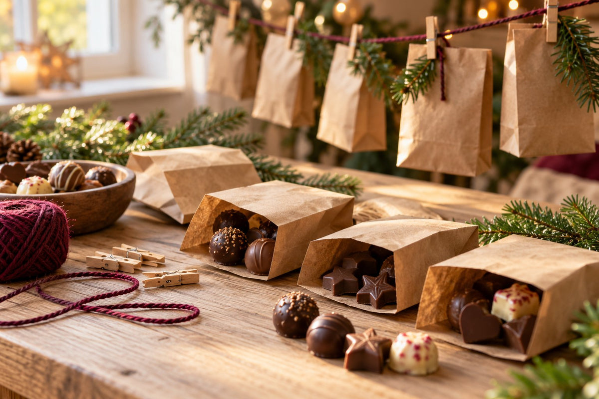 Kleine Adventskalenderbeutel mit Schokolade beim Befüllen – illustratives Stimmungsbild