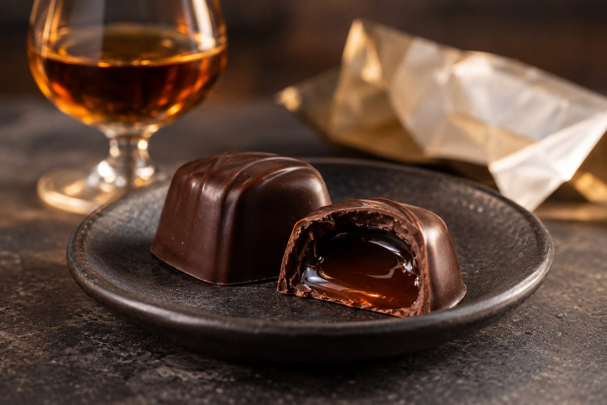 Eine aufgeschnittene flüssig gefüllte Praline als Symbol für Alkoholfüllungen – illustratives Stimmungsbild