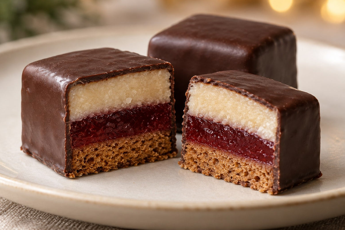 Aufgeschnittene Dominosteine mit Lebkuchen, Gelee und Marzipan – illustratives Stimmungsbild