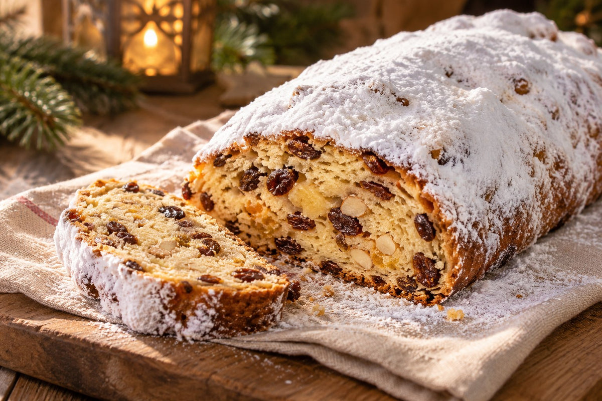 Rosinenstollen mit Puderzucker und einer angeschnittenen Scheibe – illustratives Stimmungsbild