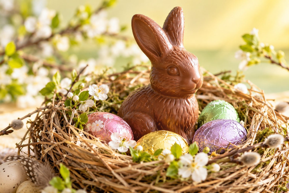 Ein Osternest mit Schokoladenhase und kleinen Eiern – illustratives Stimmungsbild