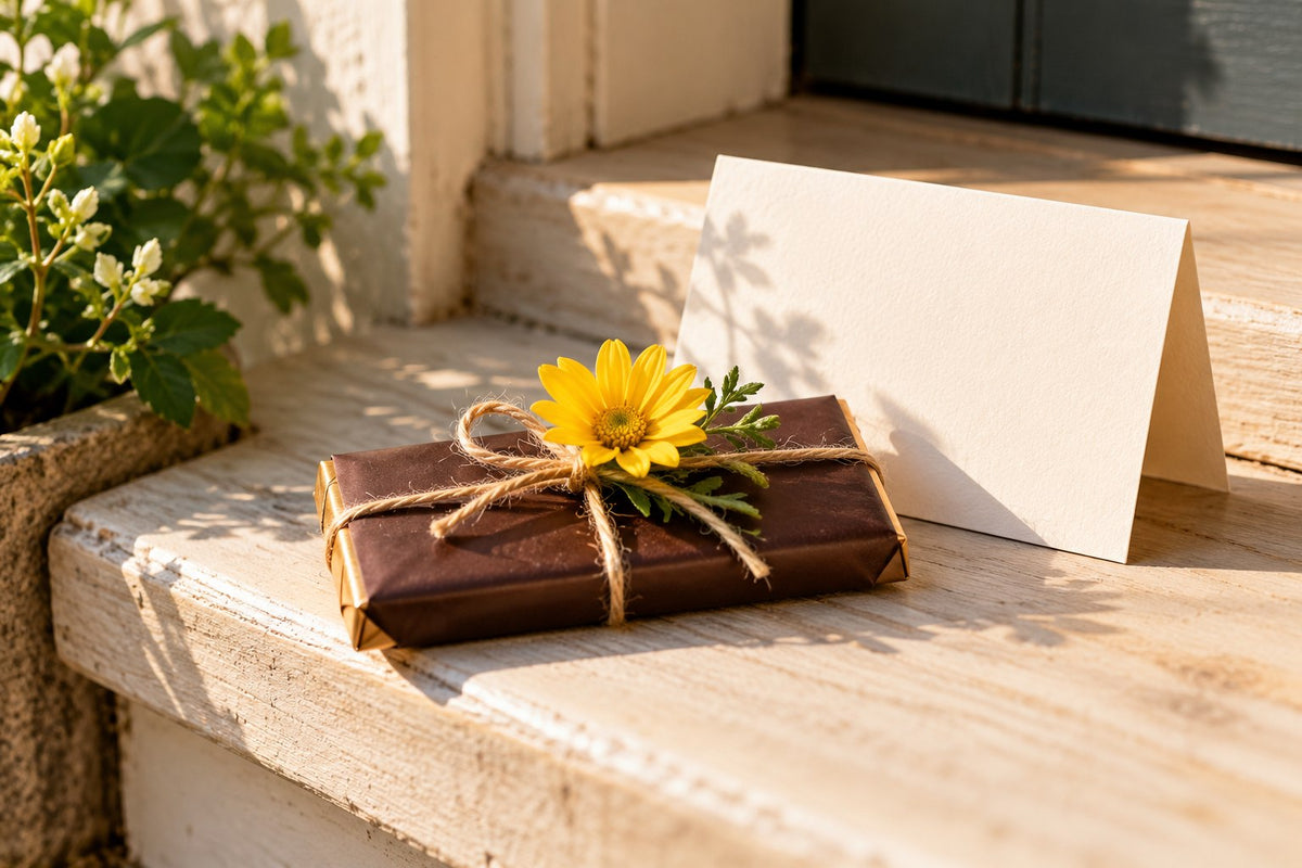 Eine kleine verpackte Schokolade mit Blume und persönlicher Karte – illustratives Stimmungsbild