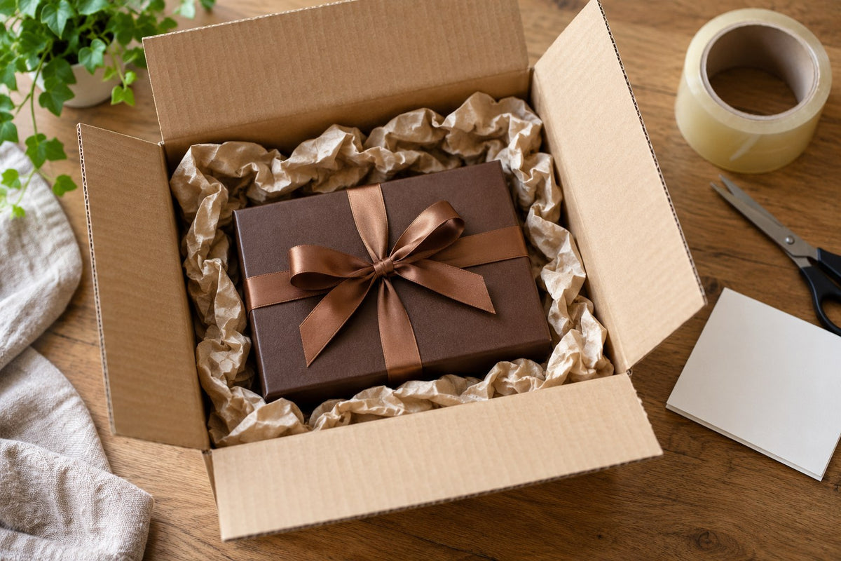 Eine Schokoladengeschenkbox wird geschützt für den Versand verpackt – illustratives Stimmungsbild