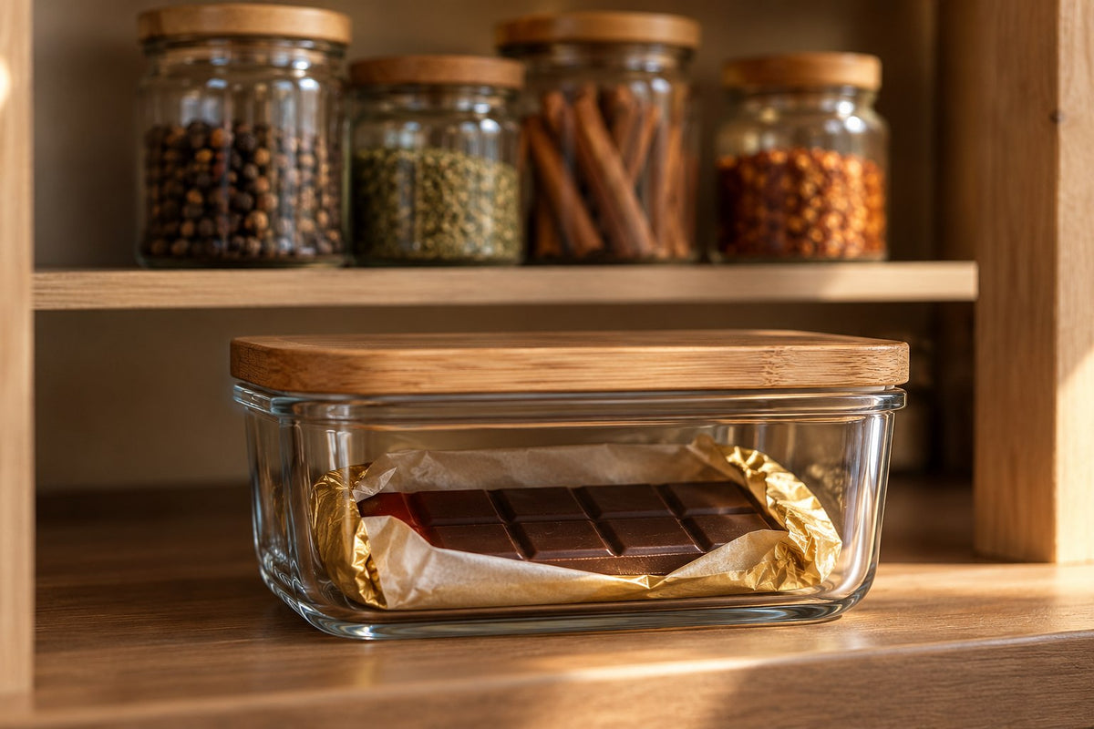 Separat verpackte Schokolade mit Gewürzgläsern im Hintergrund – illustratives Stimmungsbild