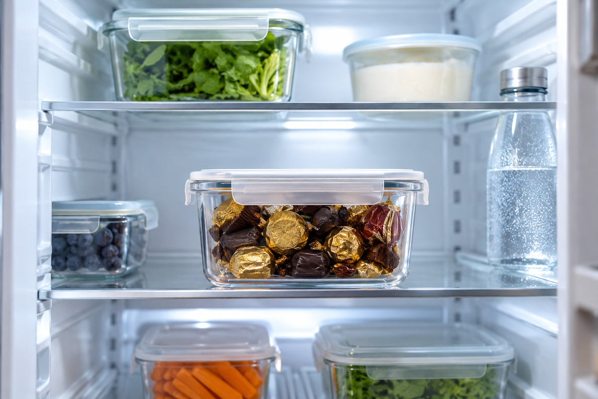 Verpackte Schokolade in einer geschlossenen Dose im Kühlschrank – Stimmungsbild – illustratives Stimmungsbild