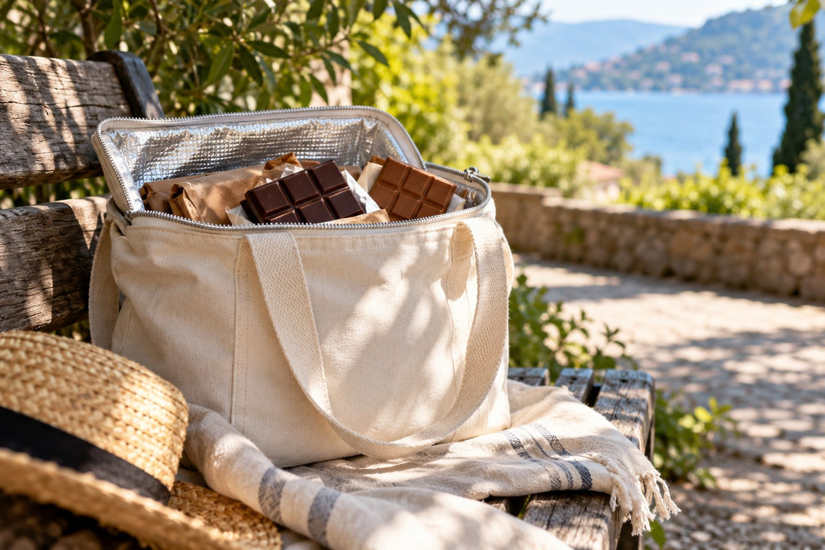 Geschützte Schokolade in einer isolierenden Tasche im sommerlichen Schatten – illustratives Stimmungsbild