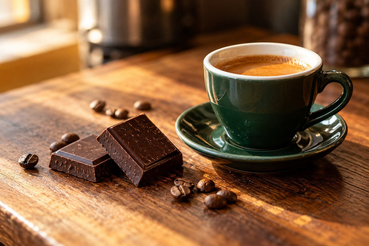 Espresso und Schokoladenstücke für eine kleine Verkostung – illustratives Stimmungsbild