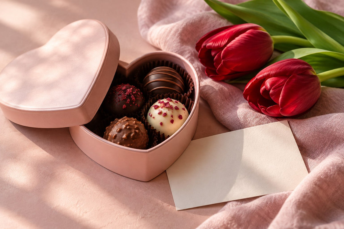 Eine kleine herzförmige Pralinenschachtel mit roten Tulpen – illustratives Stimmungsbild