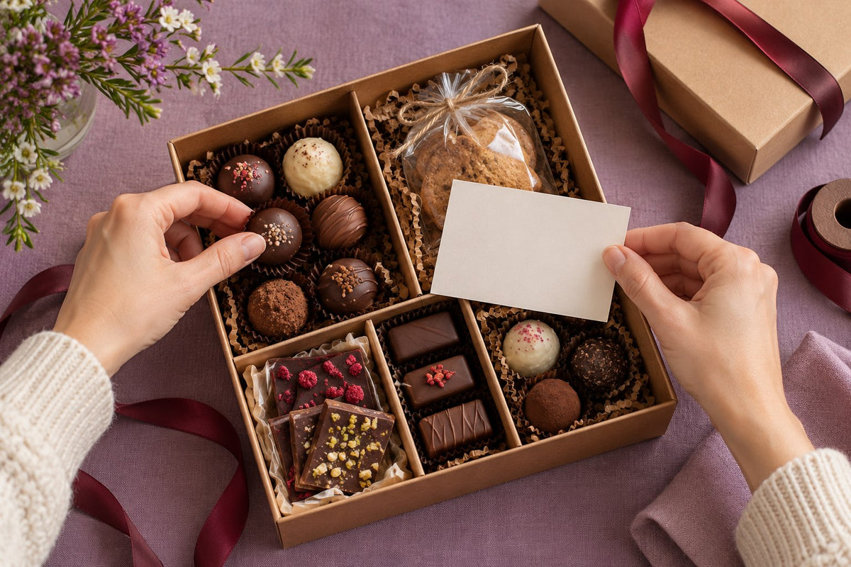 Eine selbst zusammengestellte Geschenkbox mit Schokolade, Gebäck und Karte – illustratives Stimmungsbild