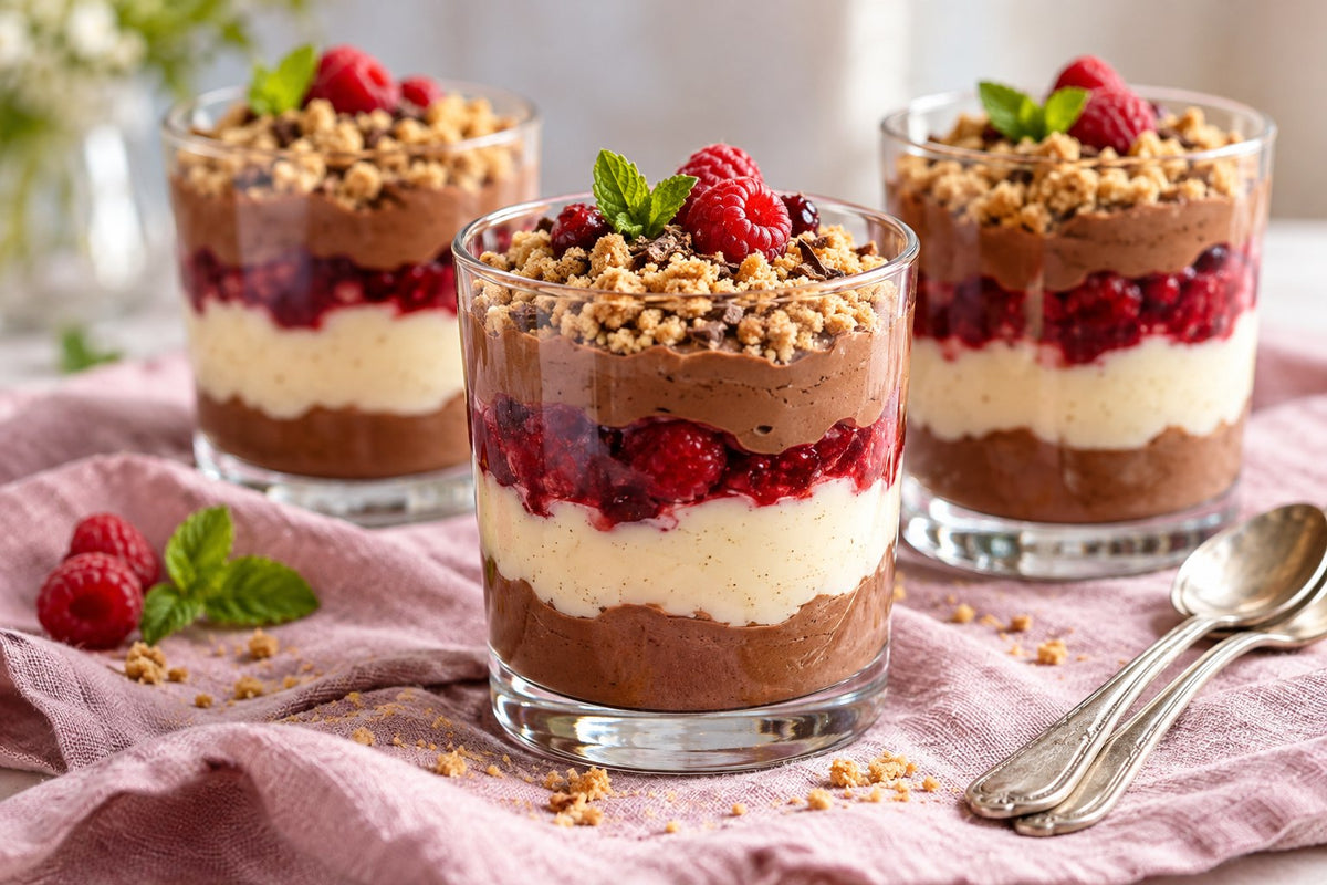 Dessertgläser mit Schokoladencreme, Beeren und Keksbröseln – illustratives Stimmungsbild