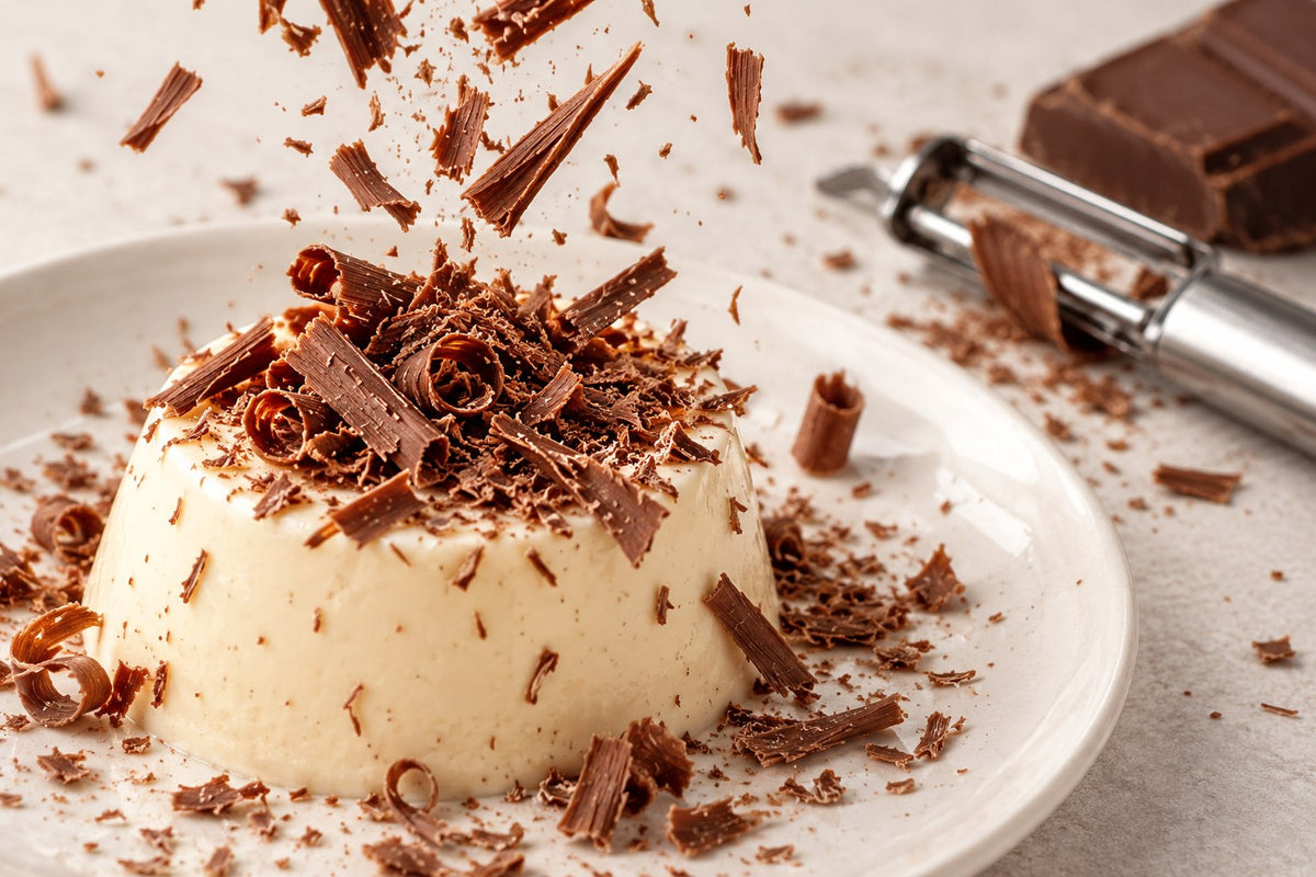 Feine Schokoladenraspel als Dekoration auf einem Dessert – illustratives Stimmungsbild