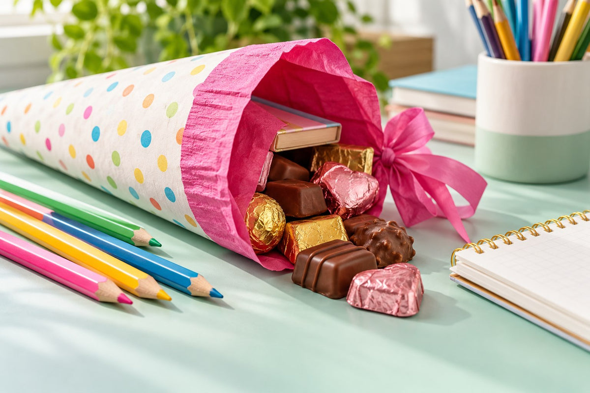 Schultüte mit wenigen verpackten Süßigkeiten, Heft und Stiften – illustratives Stimmungsbild