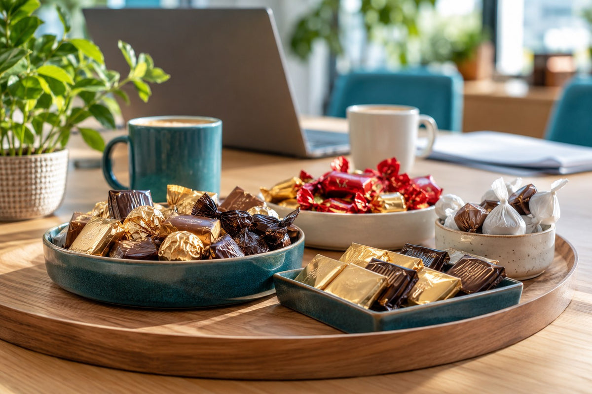 Übersichtlich portionierte Süßigkeiten auf einem Bürotisch – illustratives Stimmungsbild