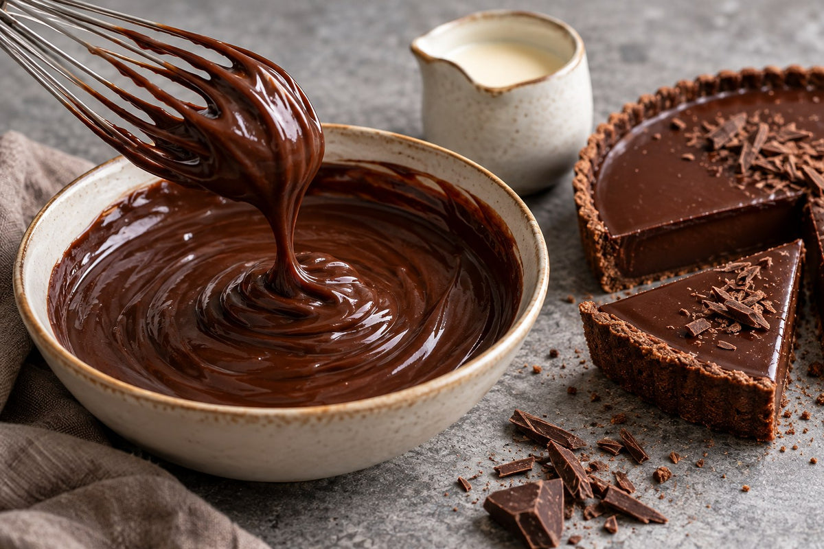 Cremige Ganache mit Sahnekännchen und einem gefüllten Tortenstück – illustratives Stimmungsbild