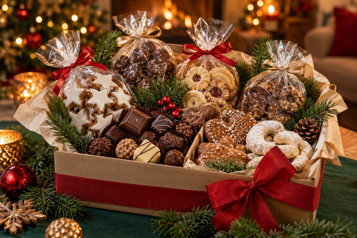 Weihnachtliche Geschenkzusammenstellung mit Schokolade und Gebäck – illustratives Stimmungsbild
