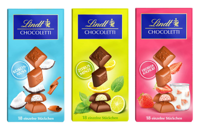 Lindt CHOCOLETTI Dunkel Zitrone & Minze, Kokosnuss, Erdbeer Joghurt,  3x 100g