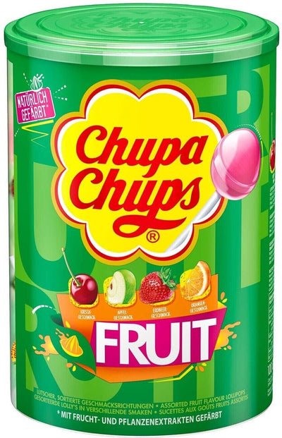 Chupa Chups Fruchtlutscher 100 Stück à 12g (1,2 kg Dose) - Bunte Fruchtlutscher für unvergesslichen Lutschspaß im praktischen Vorratsbehälter