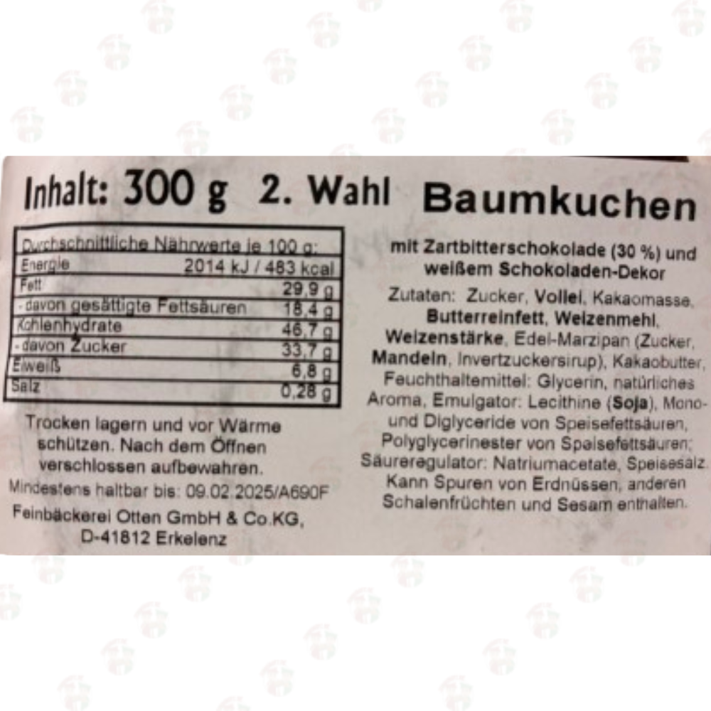 Baumkuchen Zartbitter mit Weißem Schokoladen-Dekor 2.Wahl 300g