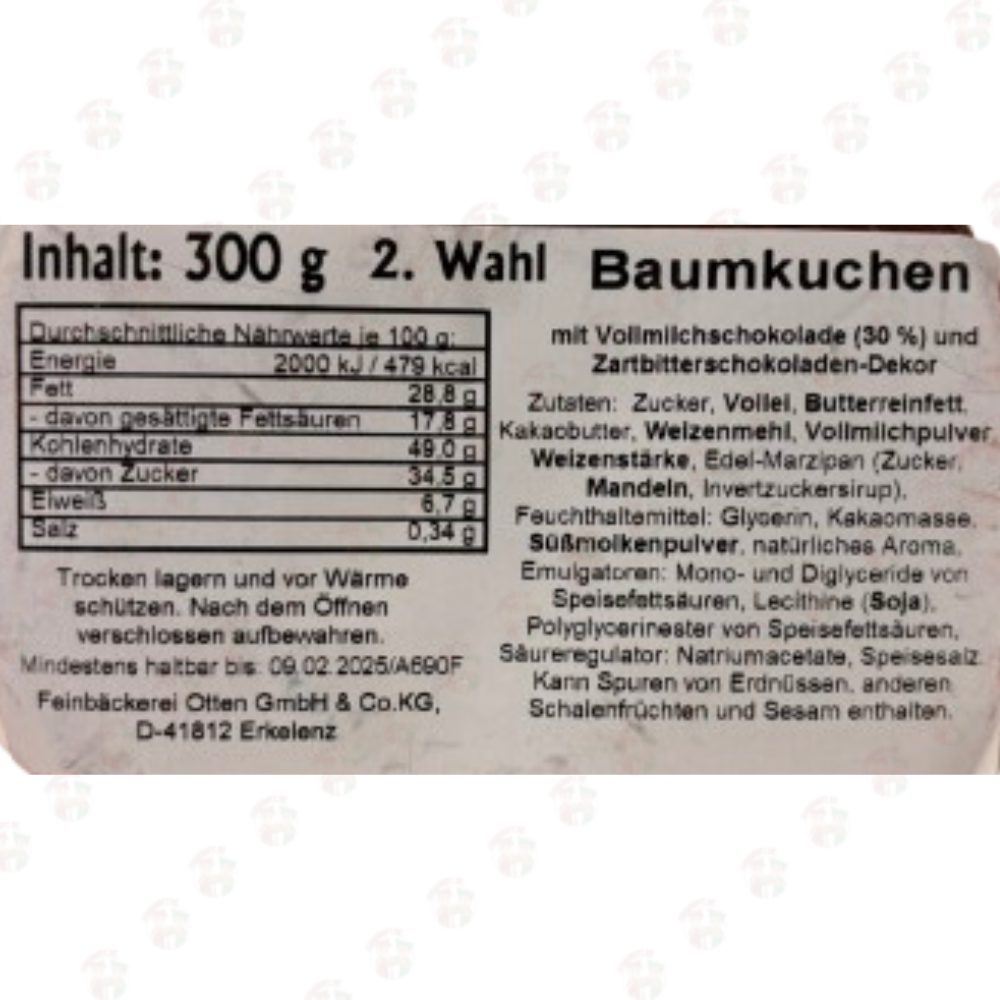 Baumkuchen Vollmilch mit Zartbitterschokoladen-Dekor 2.Wahl 300g