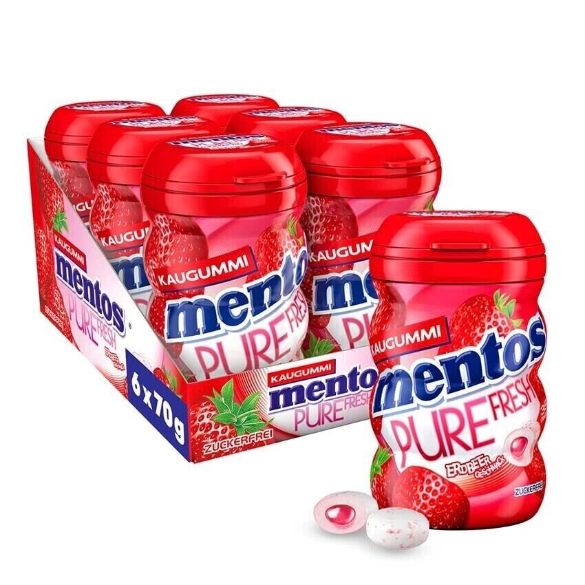 Mentos Kaugummi Pure Fresh Erdbeere Zuckerfrei , im 6er Vorteilspack - 6x 70g