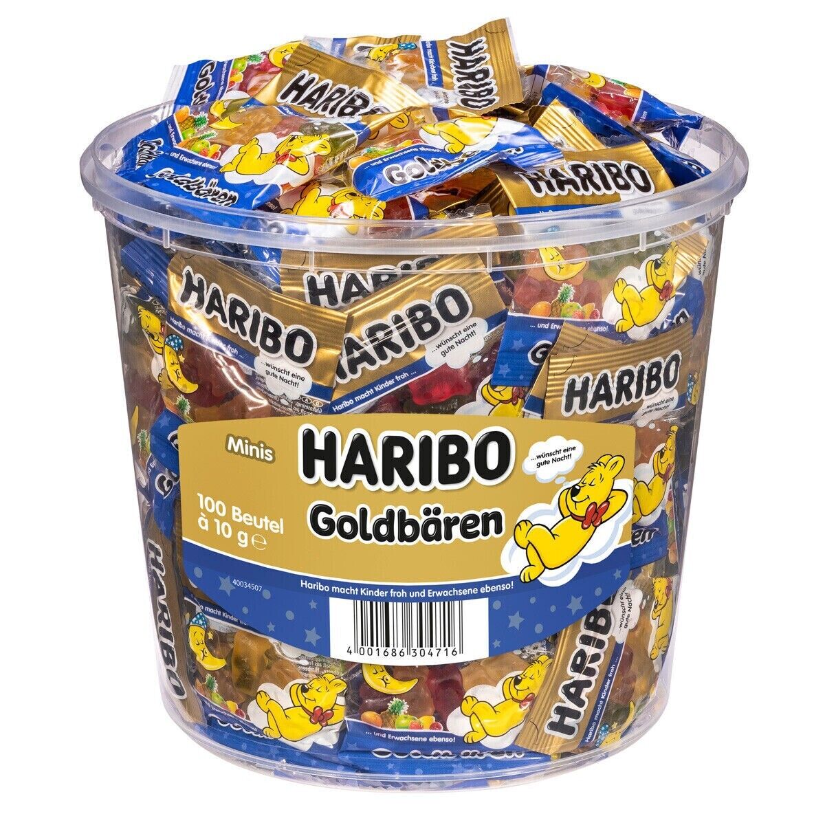 Haribo Gute Nacht Goldbären, 100 Portionsbeutel à 10 g - 1 kg Dose