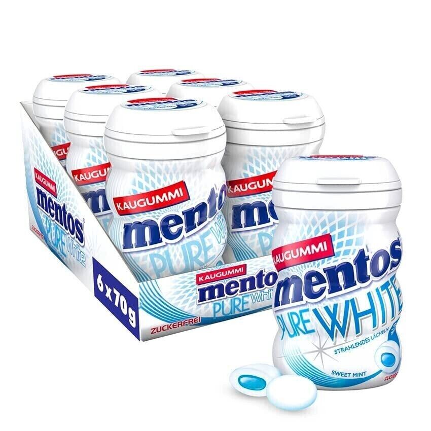 Mentos Gum Pure White Sweet Mint - 6 x 70 g Dosen