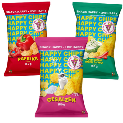 Happy Chips by Knossi, Trymacs Set Sour Cream Onion&Chili, Gesalzen, Paprika 3x 150g