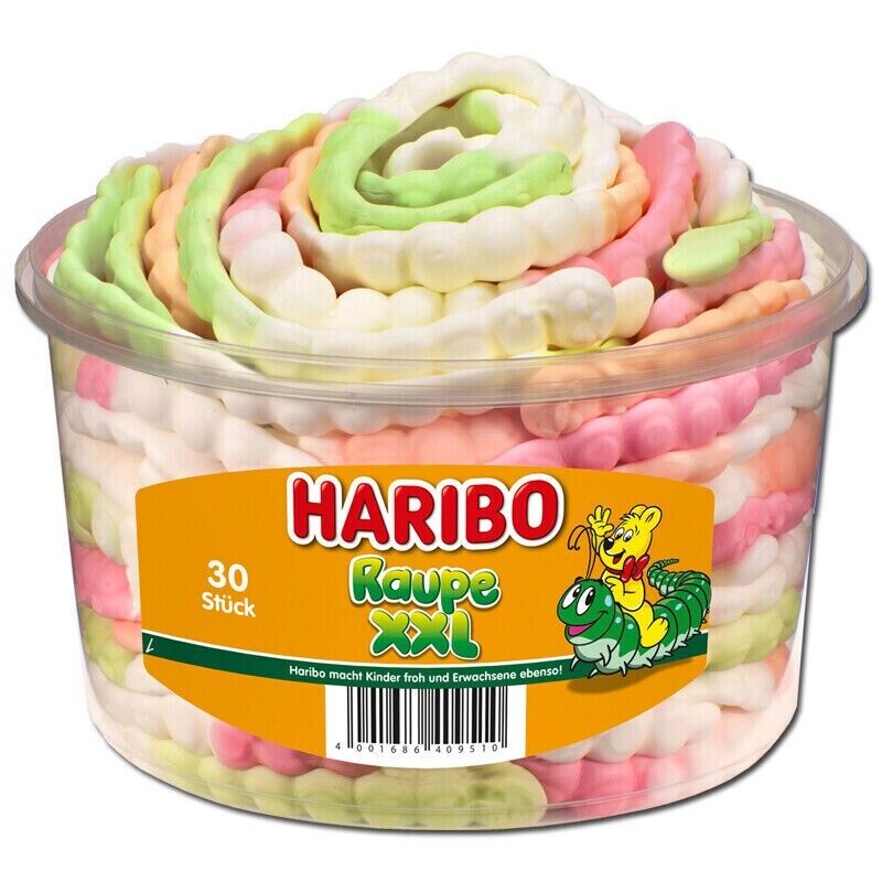 Haribo Raupe XXL Schaumzucker, Runddose 30 Stück - 960 g Dose