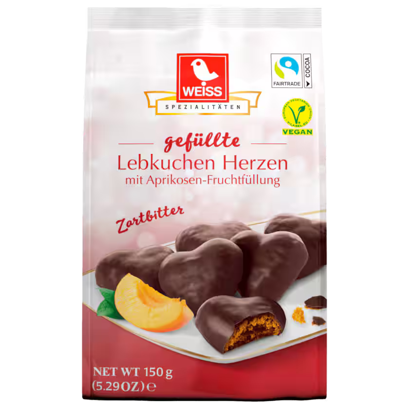Weiss gefüllte Zartbitter Lebkuchen Herzen vegan 150g