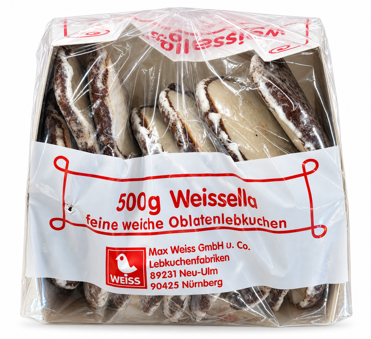 Weiss Weissella Oblaten-Lebkuchen Zartbitter 500 g, 2. Wahl, Originalverpackung auf weißem Hintergrund