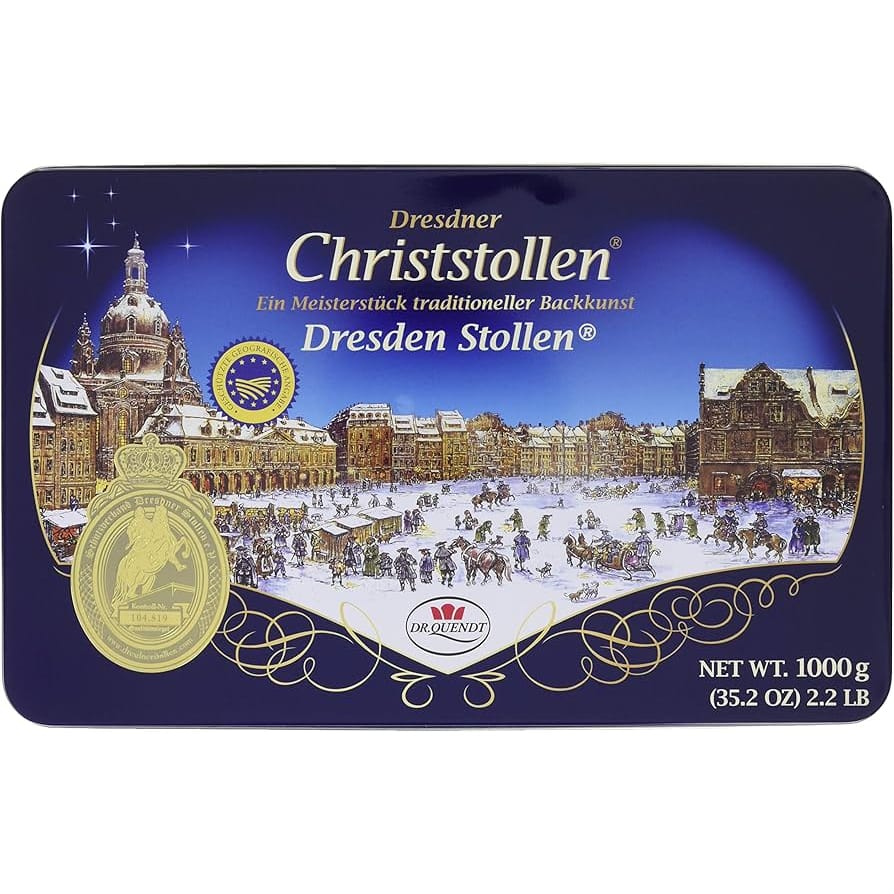 Dr. Quendt Dresdner Christstollen Dose 1kg - Saftiger Christstollen für festliche Anlässe in großzügiger Verpackung