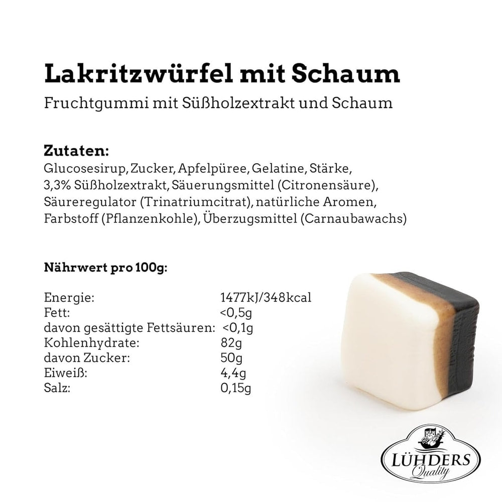 Lühders Lakritz Fruchtgummi Würfel Schaum 500g