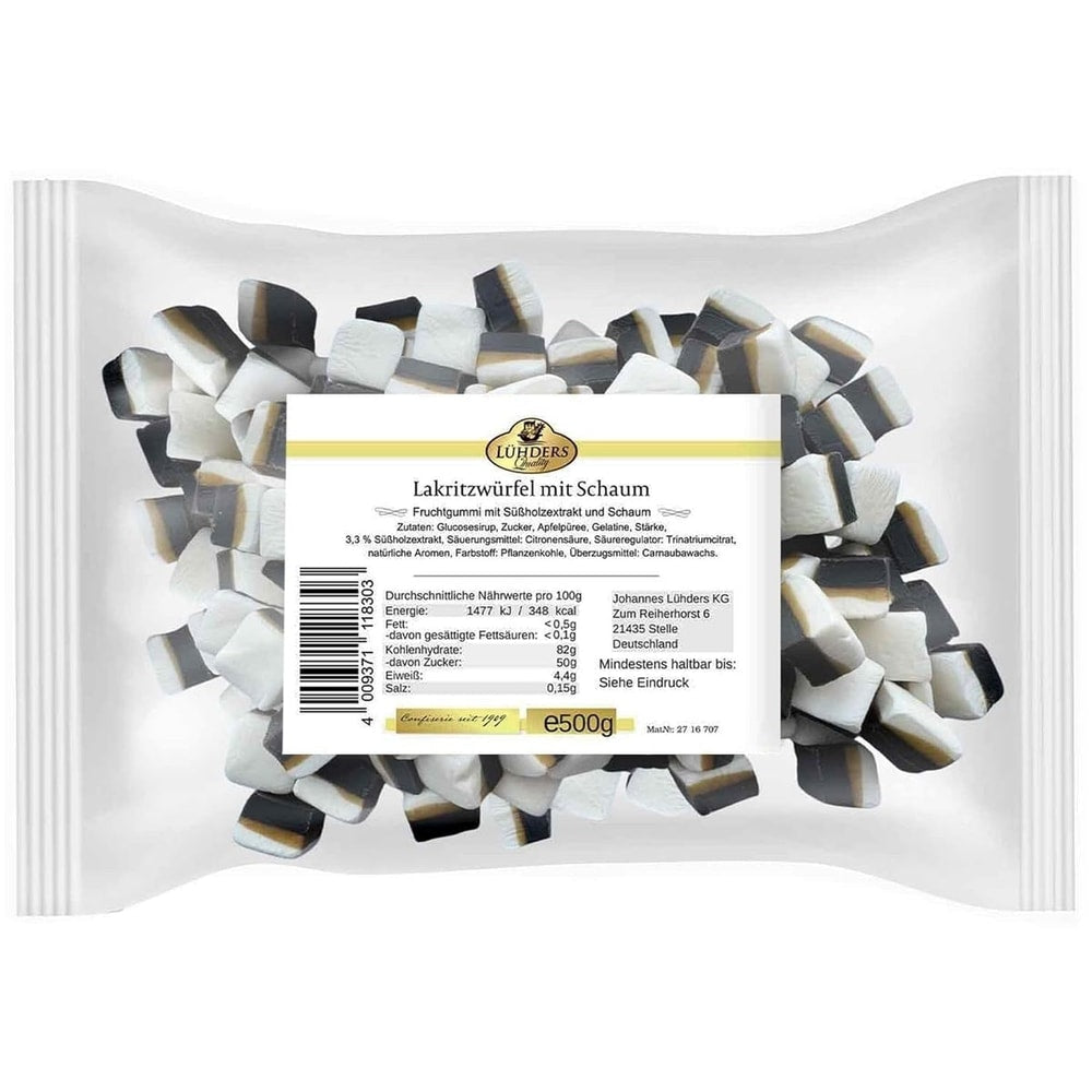 Lühders Lakritz Fruchtgummi Würfel Schaum 500g