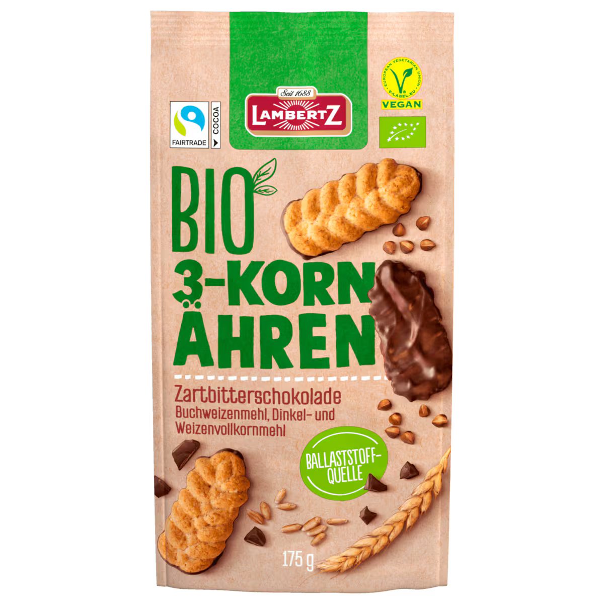 Lambertz Bio 3-Korn Ähren Zartbitterschokolade vegan 175g