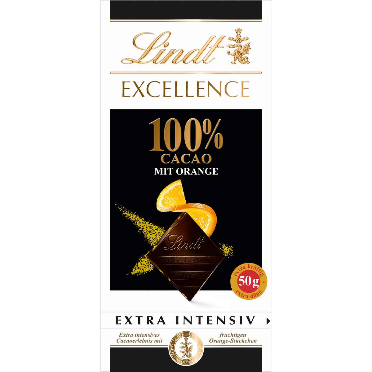 Lindt EXCELLENCE 100% Cacao & Orange Extra Intensiv, 50 g – Originalverpackung
