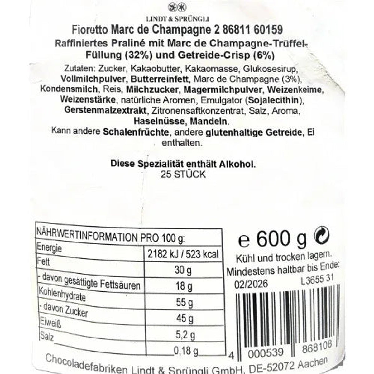 Lindt Fioretto Marc de Champagne 600g MHD 02/26 58c806-2