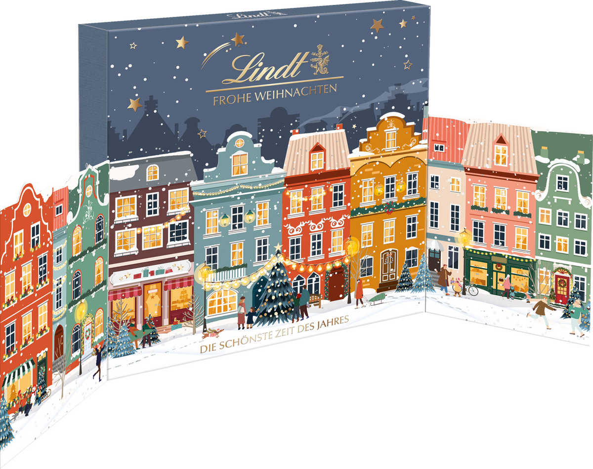 Lindt Winterhäuser Adventskalender 153 g – aufklappbare Originalverpackung mit winterlicher Häuserzeile