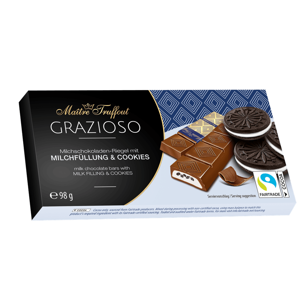 Maitre Truffout Grazioso Milchschokolade mit Milchcreme und Kakaokeksstücken 98g