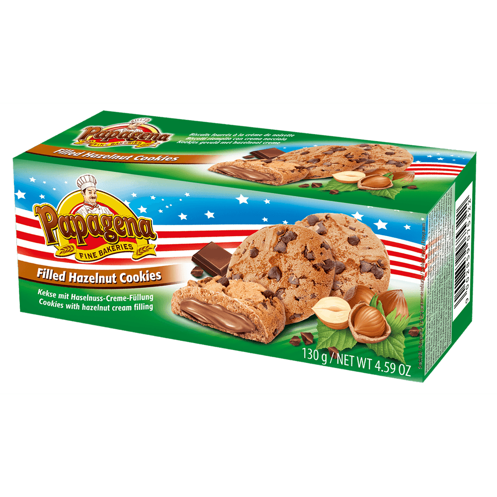 Papagena Choco Chip Cookies mit Haselnusscremefüllung 130g