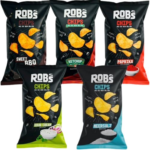 Rob's Chips Sweet BBQ, Ketchup, Paprika, Sour Cream, Meersalz, 5x 120g MHD 05/25