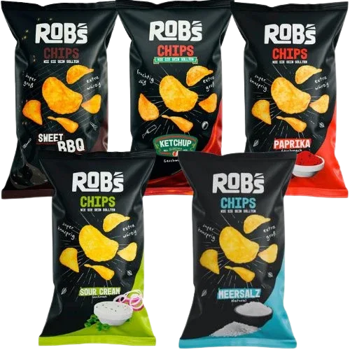 Rob's Chips Sweet BBQ, Ketchup, Paprika, Sour Cream, Meersalz, 5x 120g MHD 05/25 - Schokobote.de