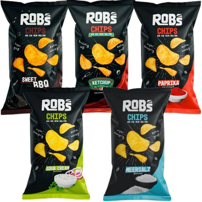 Rob's Chips Sweet BBQ, Ketchup, Paprika, Sour Cream, Meersalz, 5x 120g MHD 05/25