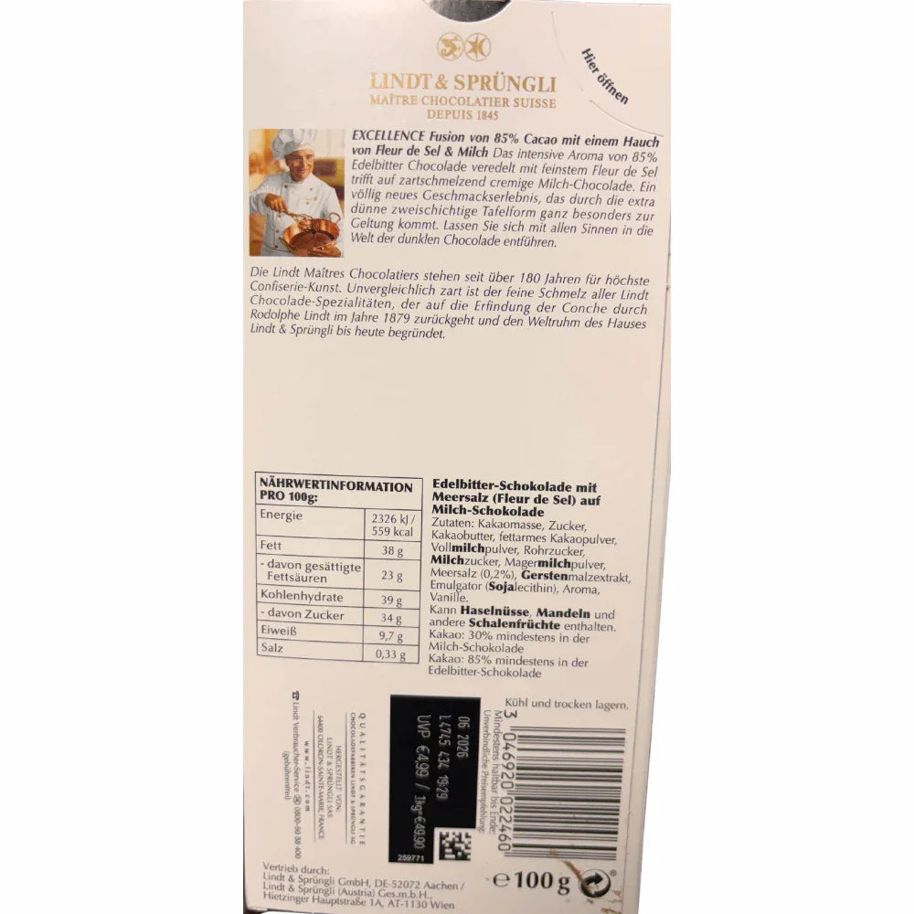 Lindt Excellence Fusion 85% Kakao Fleur de Sel & Milch | mit Meersalz 100g - Schokobote.de