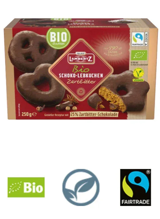 Lambertz Bio Lebkuchen Herzen Sterne Brezeln Zartbitter 250g vegan - Schokobote.de