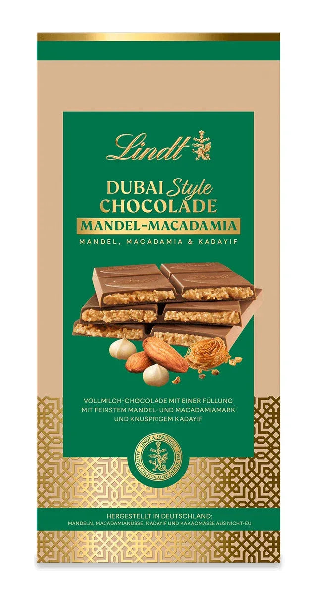 Lindt Dubai Style Vollmilch Schokolade Mandel Macadamia 150g Tafel - Schokobote.de