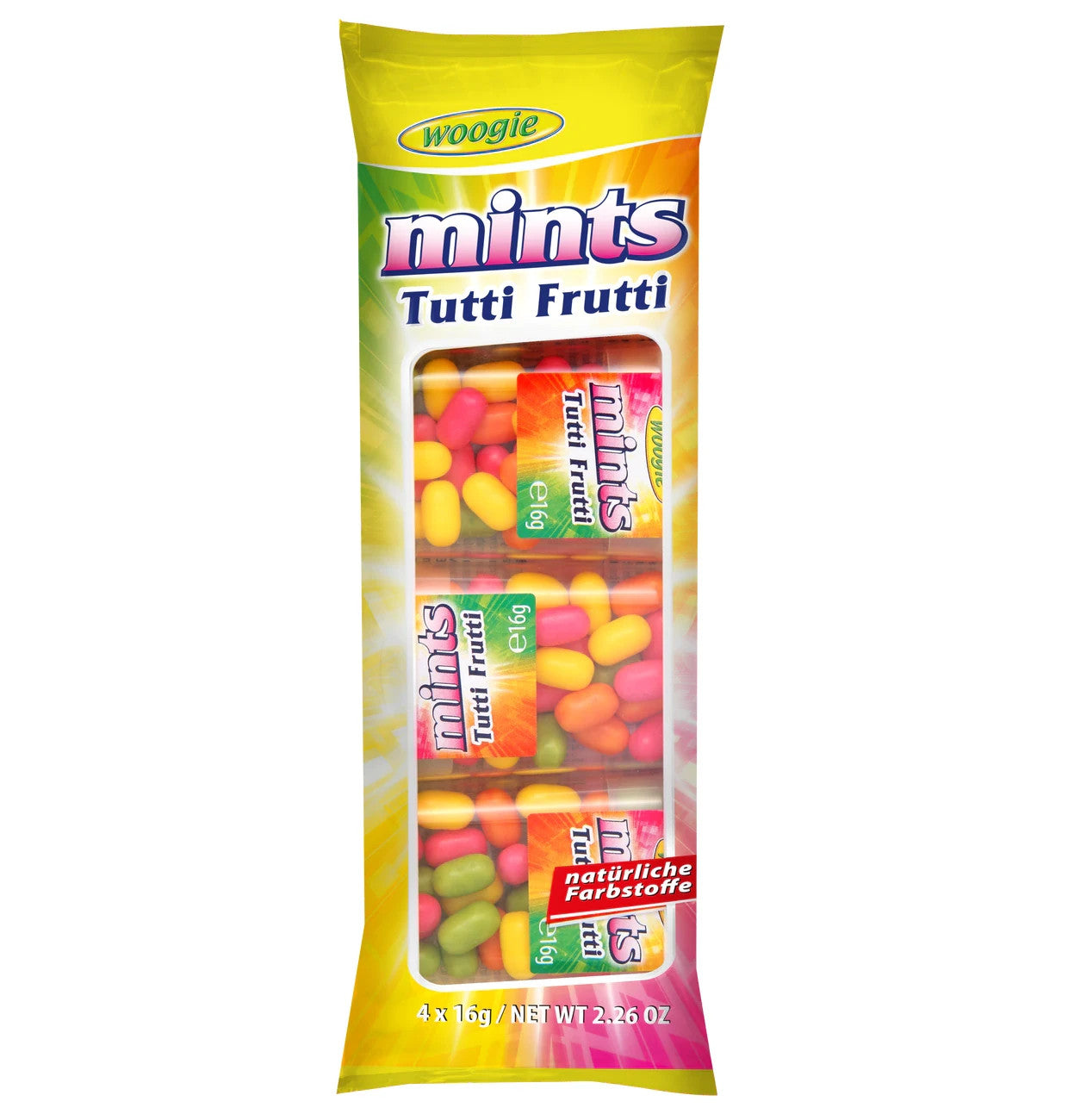 Woogie Mints Tutti Frutti Zuckerdragees Fruchtgeschmack 4x16g = 64g