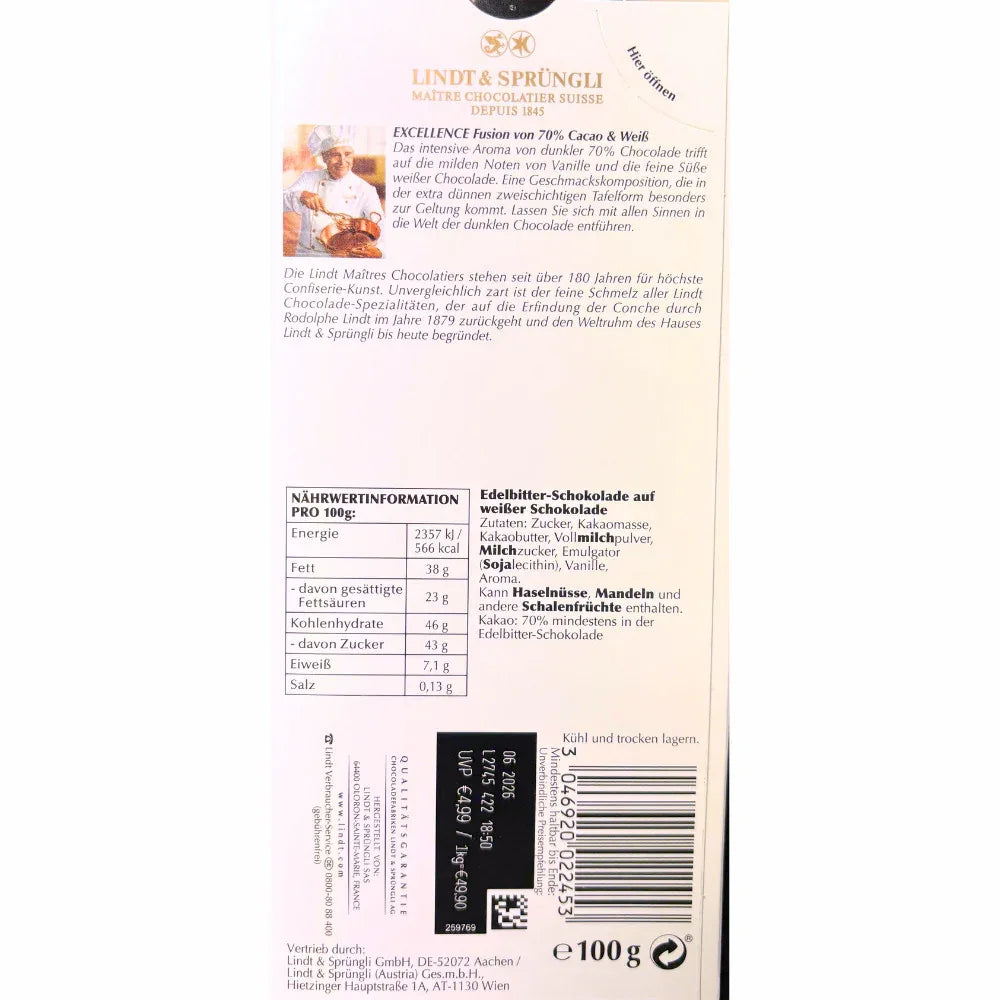 Lindt Excellence Fusion 70% Kakao & Weiße Schokolade | Zwei Schichten 100g - Schokobote.de