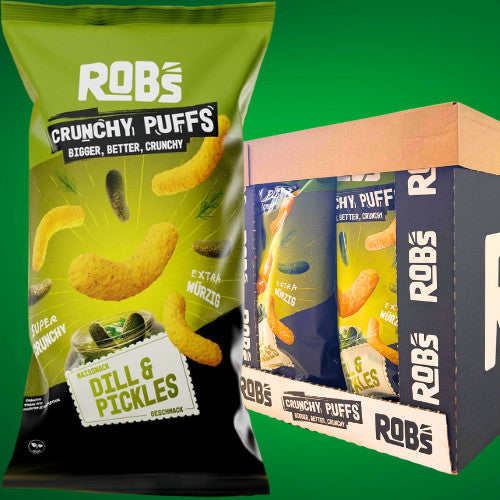 ROB’s Crunchy Puffs 🥒 XXL Maissnack 8,5 cm| Gewürzgurke | Ultra Crunch 10x 130g