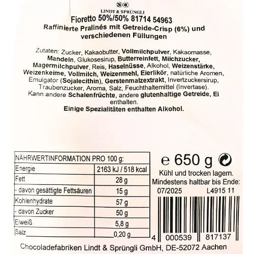 Lindt Fioretto Pralinen Mix Marzipan Nougat Zabaione 650g XXL Beutel - Schokobote.de