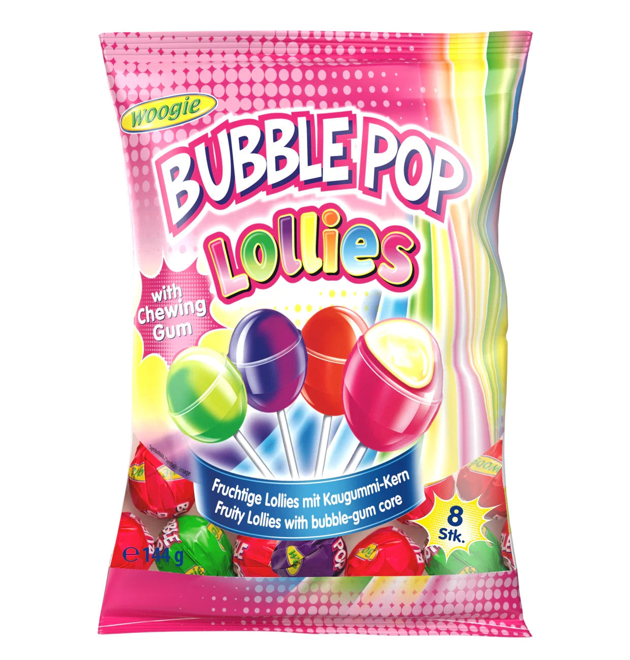 Woogie Bubble Pop Lollies Frucht Lutscher mit Kaugummi 144g